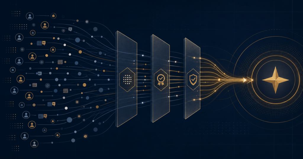 Navy-and-gold illustration showing defense AI activity passing through verification gates toward a trusted mission outcome.