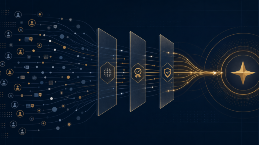 Navy-and-gold illustration showing defense AI activity passing through verification gates toward a trusted mission outcome.