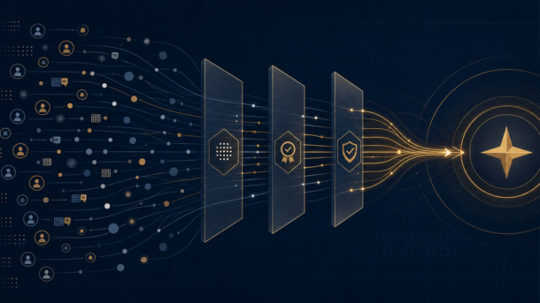 Navy-and-gold illustration showing defense AI activity passing through verification gates toward a trusted mission outcome.