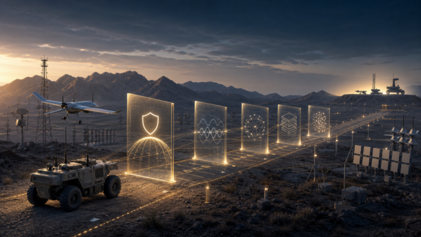 Navy-and-gold illustration of unmanned systems moving through instrumented verification gates across a desert test range.