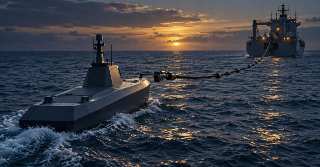 Navy-and-gold illustration of an unmanned surface vessel approaching a robotic refueling connector at sea.