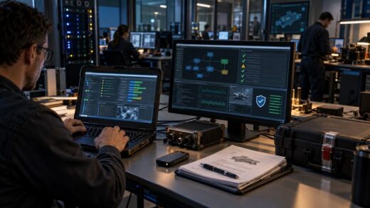 Engineer reviewing software build, test, security, and provenance evidence in a modern integration lab.