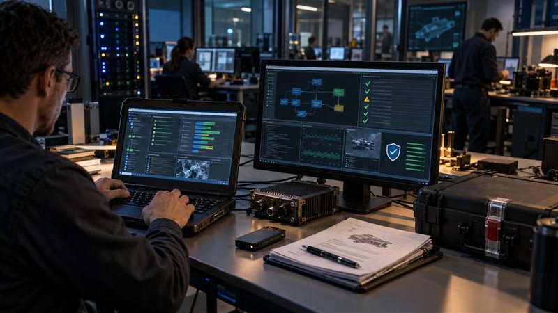 Engineer reviewing software build, test, security, and provenance evidence in a modern integration lab.