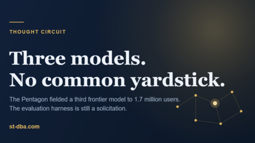Thought Circuit share card on navy with gold circuit nodes, headline Three models. No common yardstick.