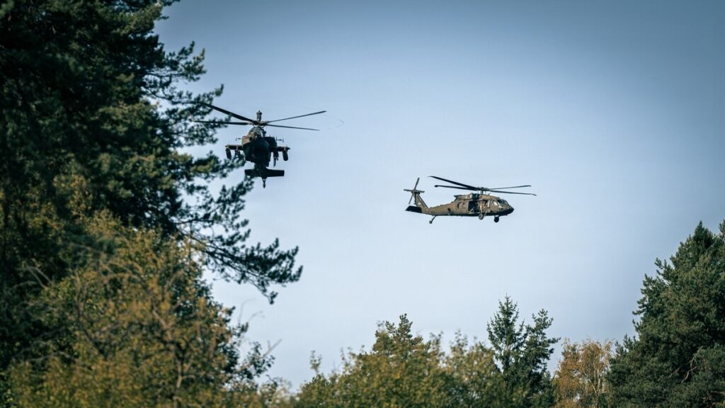 U.S. Army Apache and Black Hawk helicopters flying during Operation Skyfall II at Grafenwoehr, Germany, on October 6, 2026.